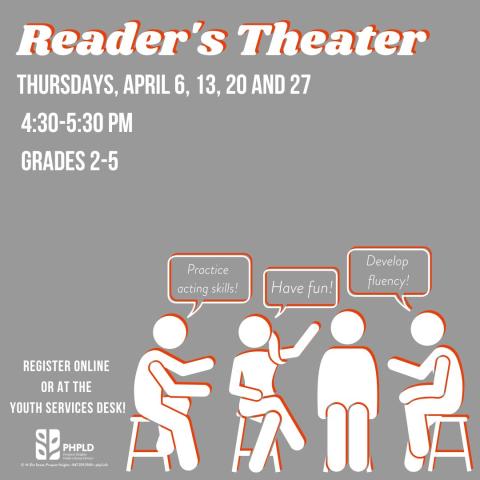 gray background- white lettering of titile and details- image in white of people sitting on stools - speech bubble over their heads with words describing the program- library logo in white