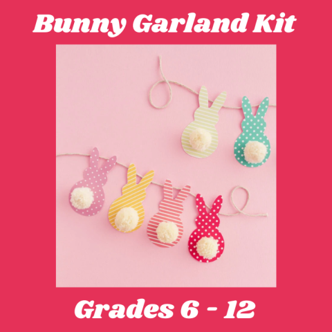 pink square with white text that reads "Bunny Garland Kit" with a photo of bunny silhouttes