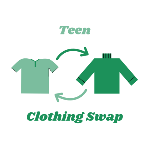 the text 'teen clothing swap' and two shirts with arrows passing between them