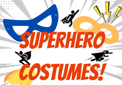 The words "Superhero Costumes!" surrounded by hero masks, little hero figures, and comic book details. 