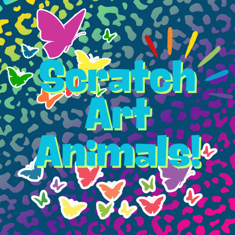 The words "Scratch Art Animals!" surrounded by colorful butterflies, with rainbow leopard print pattern in the background.