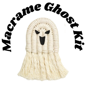 black text reading "Macrame Ghost Kit" on a white background with a cream colored ghost