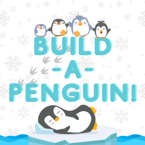 The words "Build a Penguin!" with a family of four penguins on top of the world "Build," and another penguin sleeping beneath the title. The background is scattered snowflakes and a set of penguin footprints.