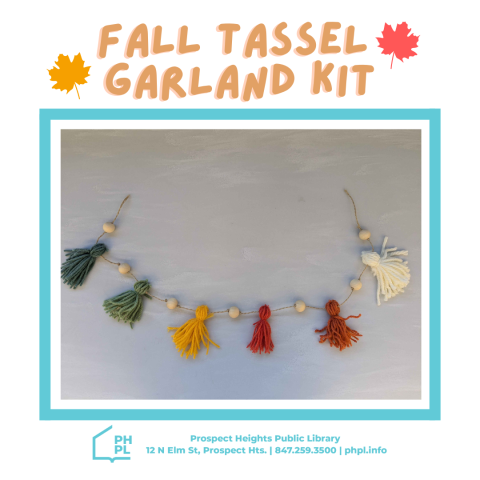 A string of colorful tassles and brown wooden beads, with the words "Fall Tassle Garland Kit" over it.