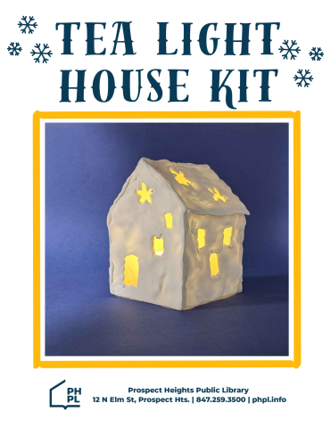 A white house with yellow light glowing from the inside. Above the image are the words "Tea Light House Kit".