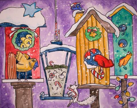 birdhouses in watercolor