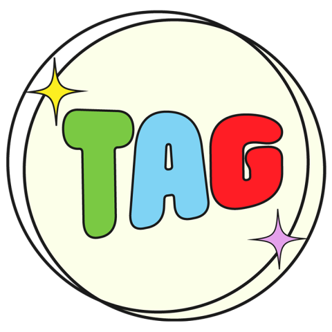 Image of colorful text that reads 'TAG', circled in black with a yeloow and purple twinkle next to the text.