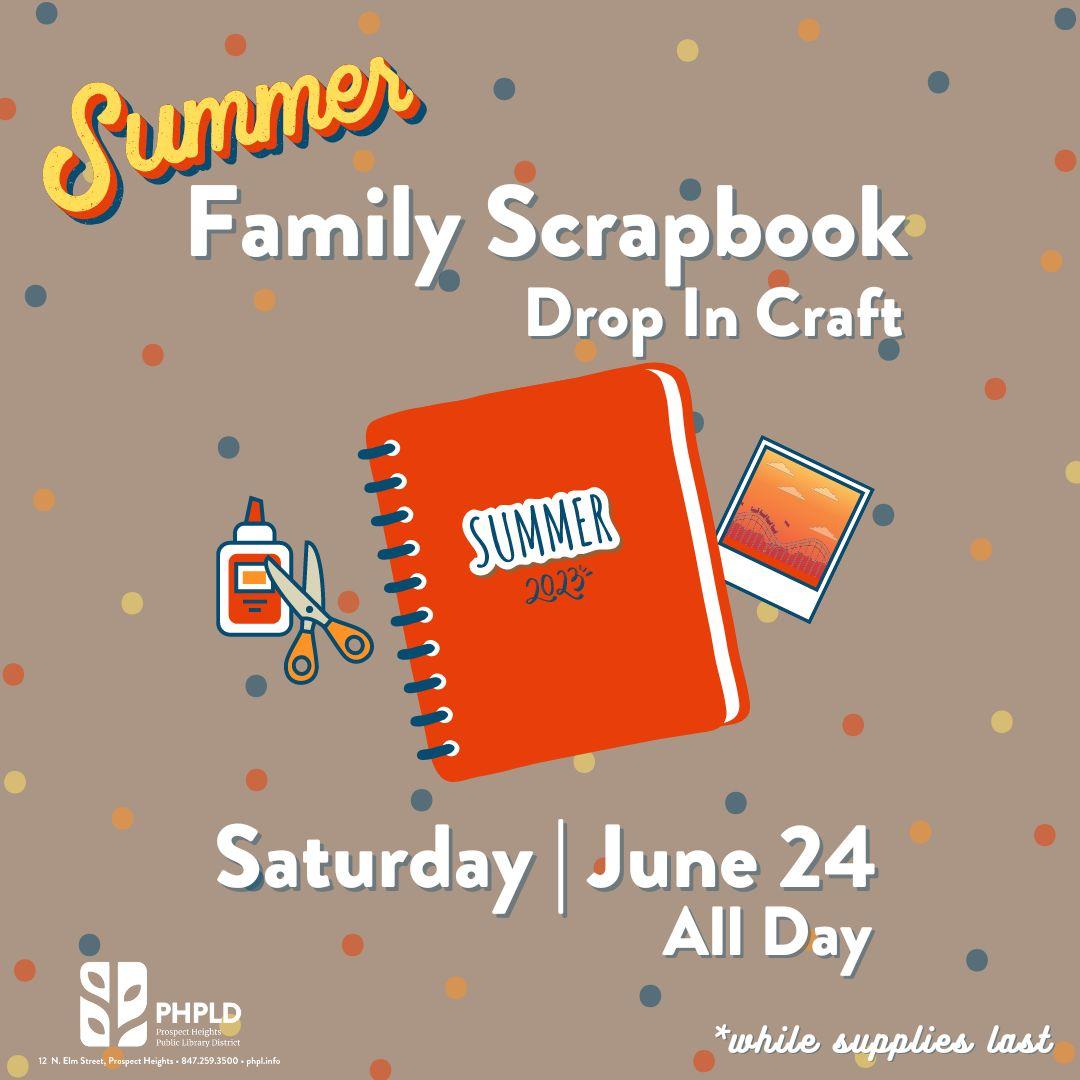 tan background with mutlicolored polka dots- yellow summer in top left corner- image of orange notebook- image of a phot- image of glue and scissors- program information and library logo in white