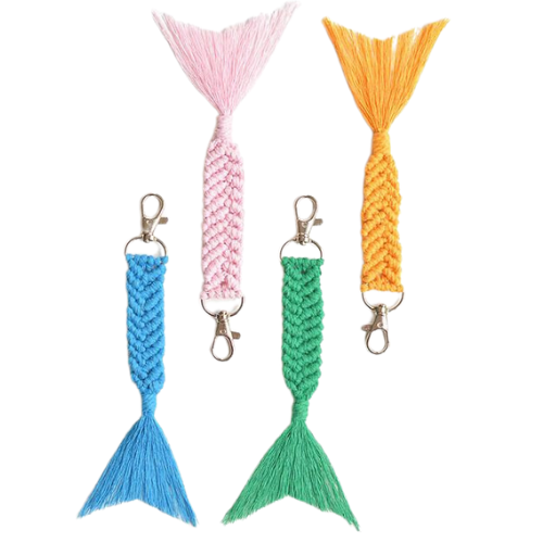 four macramé keychains in the shape of a mermaids' tail 