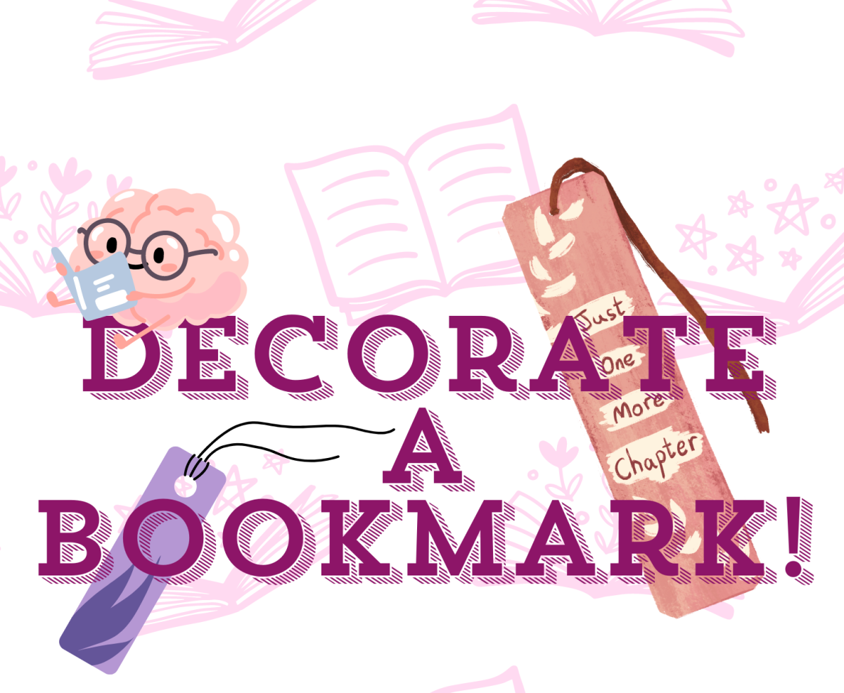 The words "Decorate a Bookmark!" surrounded by two bookmarks and a tiny brain reading, with book clipart in the background.